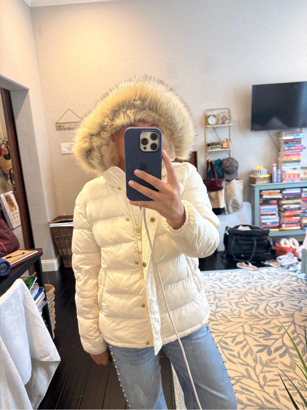 Gap Women's Ivory Puffer Jacket with Faux Fur Hood